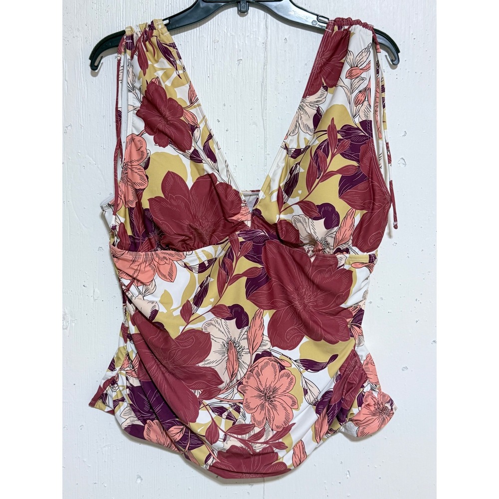 Floral V-Neck Tankini Swim Top with Adjustable Shoulder Ties and Ruched Sides
